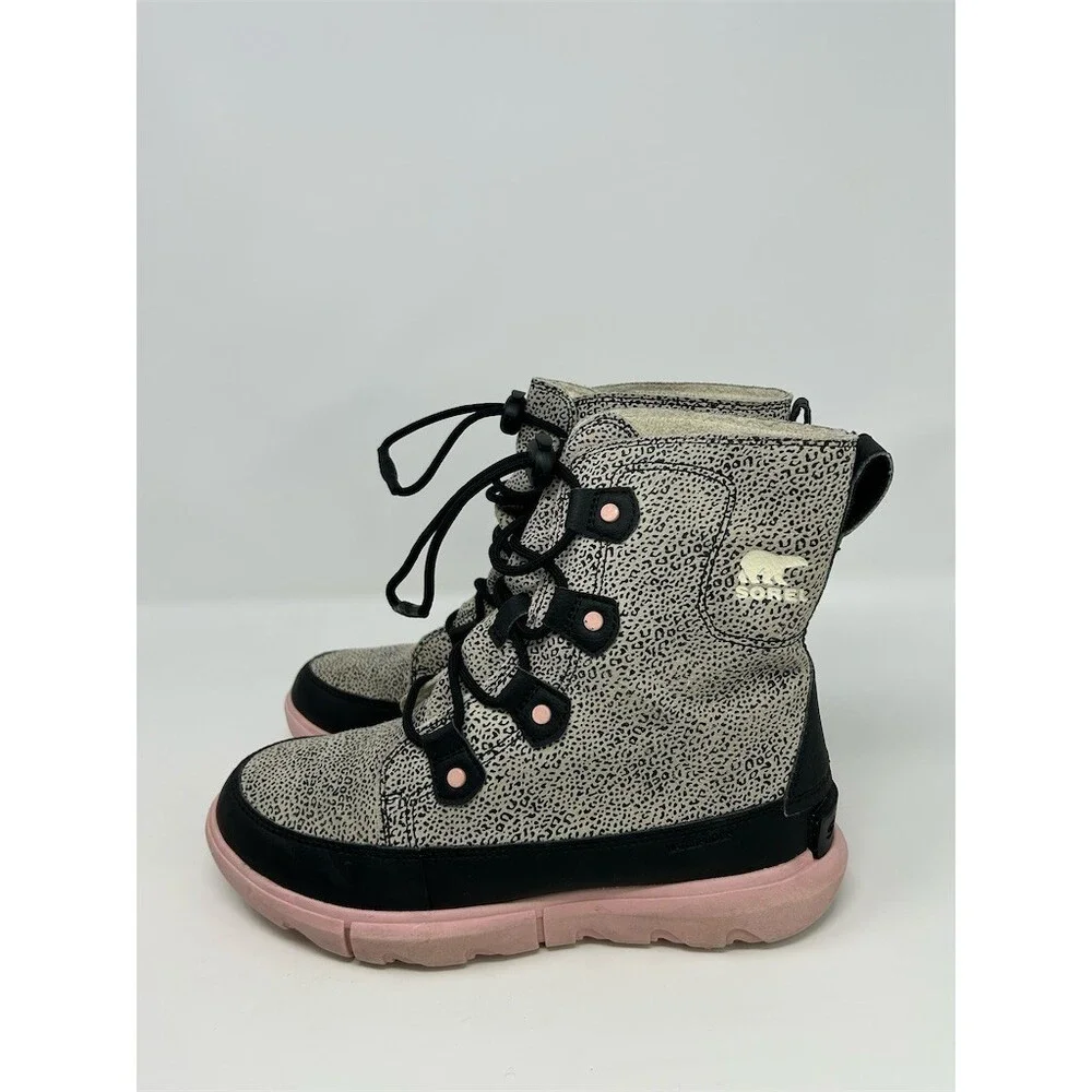 SOREL Explorer Lace Waterproof Winter Snow Boots Girls Speckled Gray Black Pink